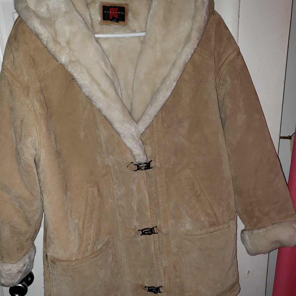 Gallery Women's Small Tan GENUINE LEATHER Suede Faux Fur Lined Hooded Parka